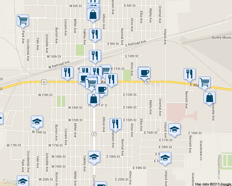 map of restaurants, bars, coffee shops, grocery stores, and more near 1259 Hansen Avenue in Burley