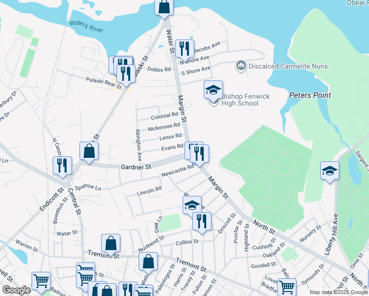 map of restaurants, bars, coffee shops, grocery stores, and more near 54 Margin Street in Peabody