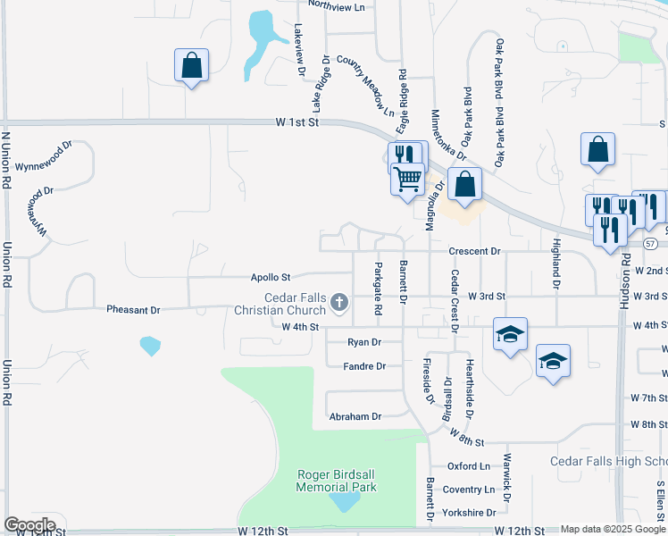 map of restaurants, bars, coffee shops, grocery stores, and more near 2807 Apollo Street in Cedar Falls