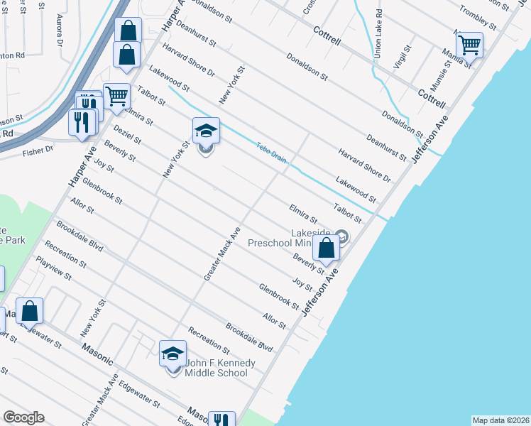map of restaurants, bars, coffee shops, grocery stores, and more near 23617 Deziel Street in St. Clair Shores