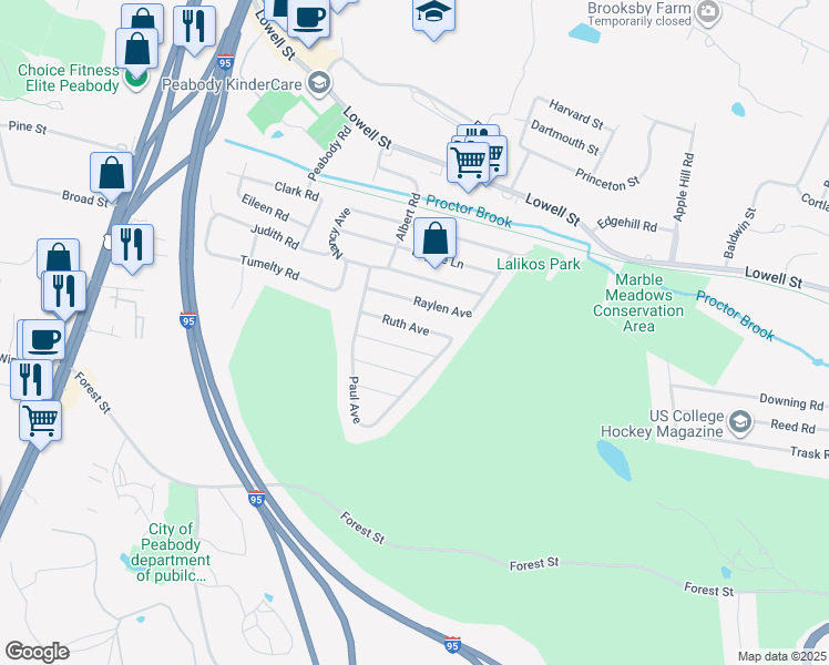 map of restaurants, bars, coffee shops, grocery stores, and more near 11 Ruth Avenue in Peabody