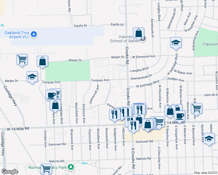 map of restaurants, bars, coffee shops, grocery stores, and more near 1972 Ridge Court in Royal Oak