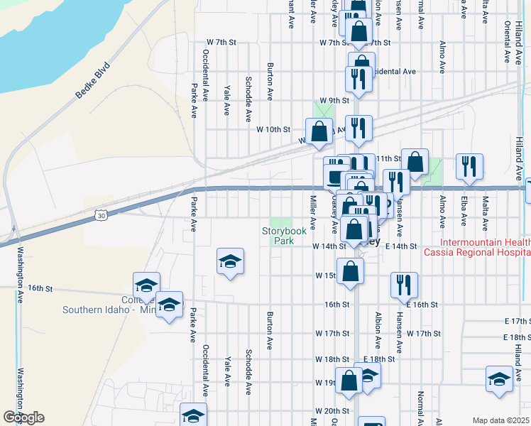 map of restaurants, bars, coffee shops, grocery stores, and more near 1250 Burton Avenue in Burley