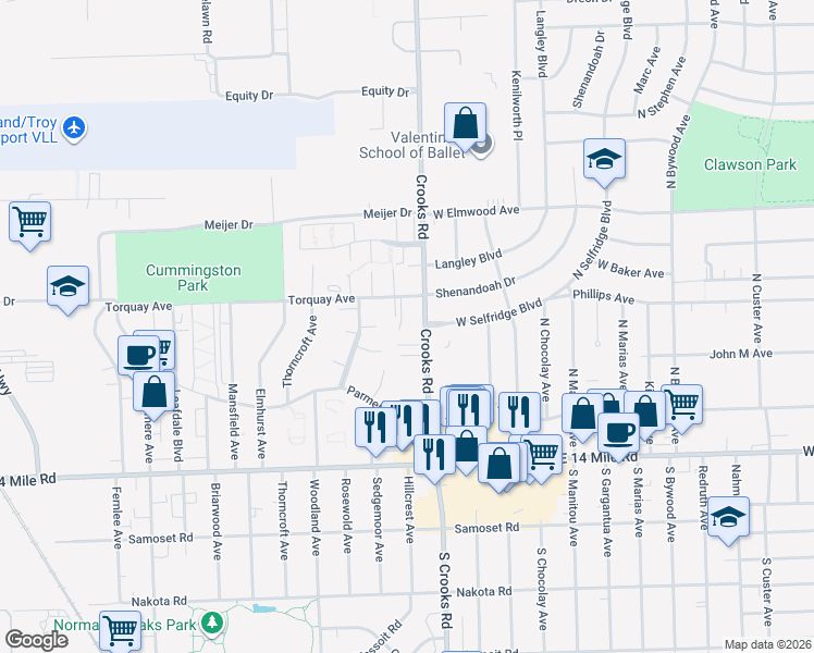 map of restaurants, bars, coffee shops, grocery stores, and more near 1878 Newporte Court in Royal Oak