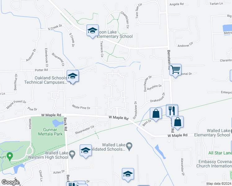 map of restaurants, bars, coffee shops, grocery stores, and more near 11200 Famingdale Lane in Commerce Charter Township