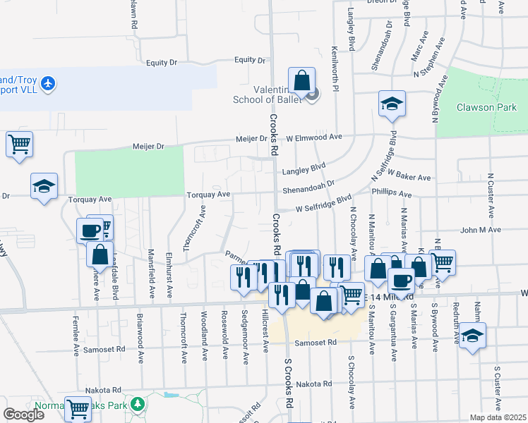 map of restaurants, bars, coffee shops, grocery stores, and more near 1878 Newporte Court in Royal Oak