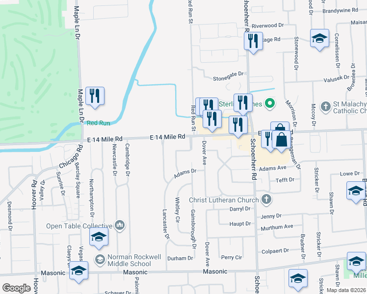 map of restaurants, bars, coffee shops, grocery stores, and more near 32827 Rugby Drive in Warren