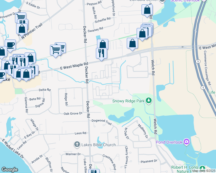 map of restaurants, bars, coffee shops, grocery stores, and more near 30201 Chantel Drive in Commerce Charter Township