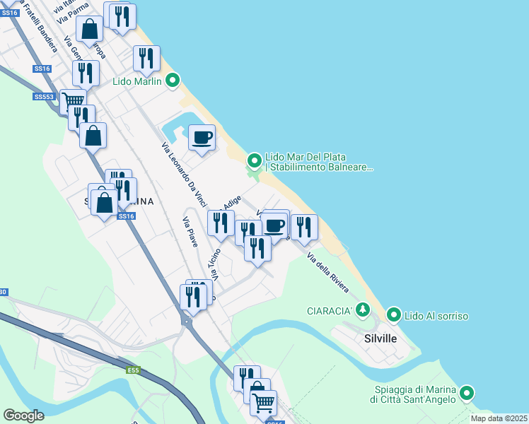 map of restaurants, bars, coffee shops, grocery stores, and more near 11 Viale Tevere in Silvi