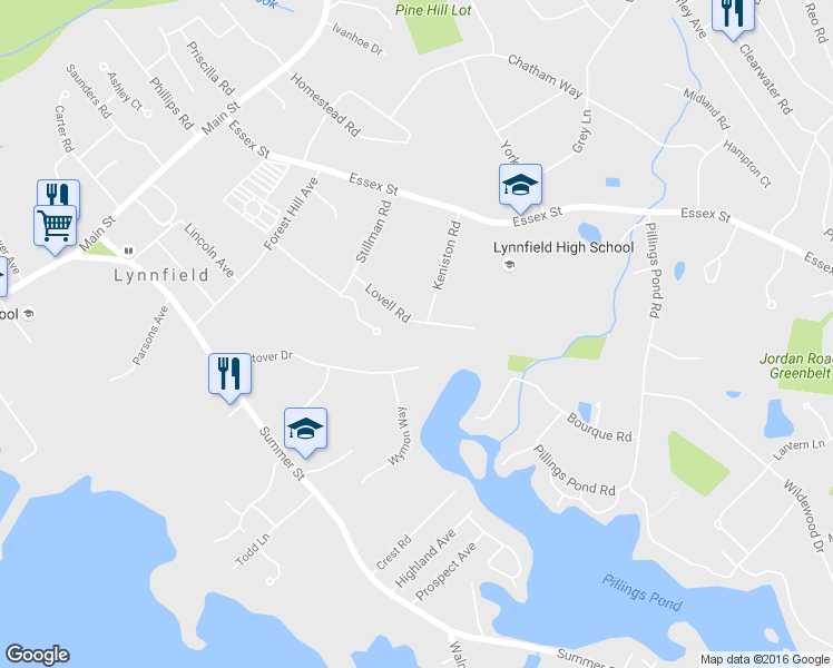 map of restaurants, bars, coffee shops, grocery stores, and more near 14 Lovell Road in Lynnfield