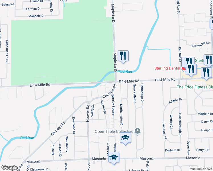 map of restaurants, bars, coffee shops, grocery stores, and more near 11904 Maple Lane Circle in Warren