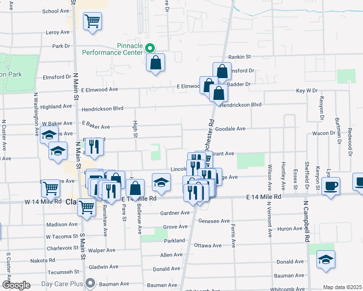 map of restaurants, bars, coffee shops, grocery stores, and more near 639 Lerner Avenue in Clawson