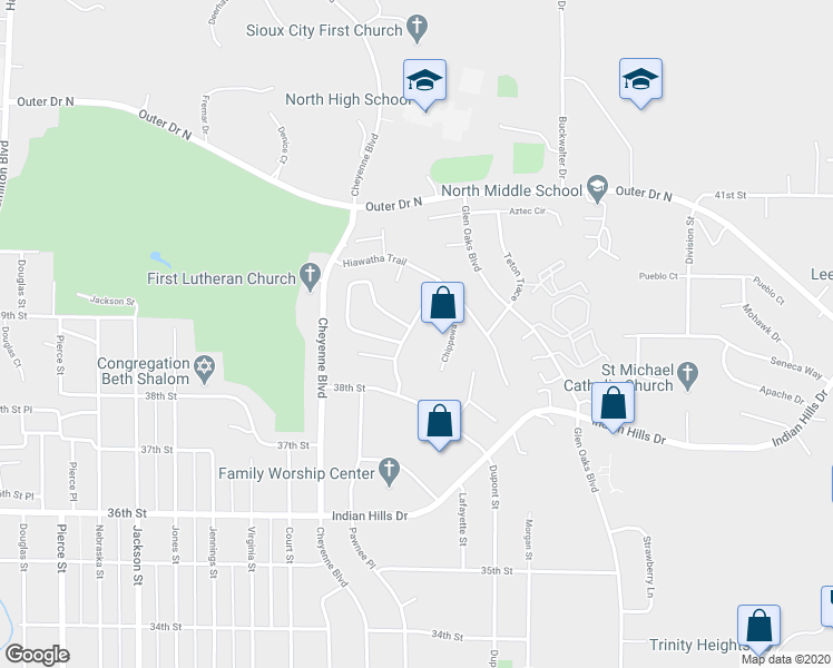 map of restaurants, bars, coffee shops, grocery stores, and more near 3912 Winona Way in Sioux City