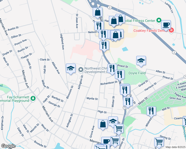 map of restaurants, bars, coffee shops, grocery stores, and more near 234 Washington Street in Leominster