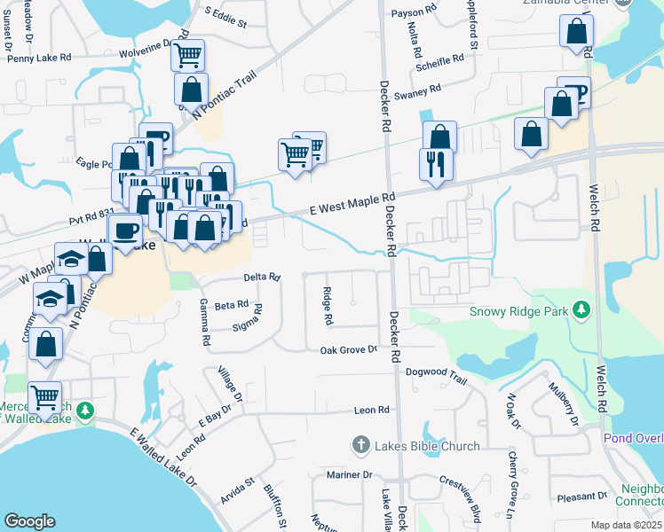 map of restaurants, bars, coffee shops, grocery stores, and more near 1430 Oak Grove Drive in Walled Lake