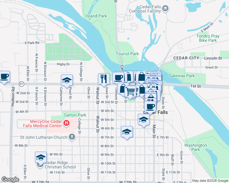 map of restaurants, bars, coffee shops, grocery stores, and more near 501 West 2nd Street in Cedar Falls