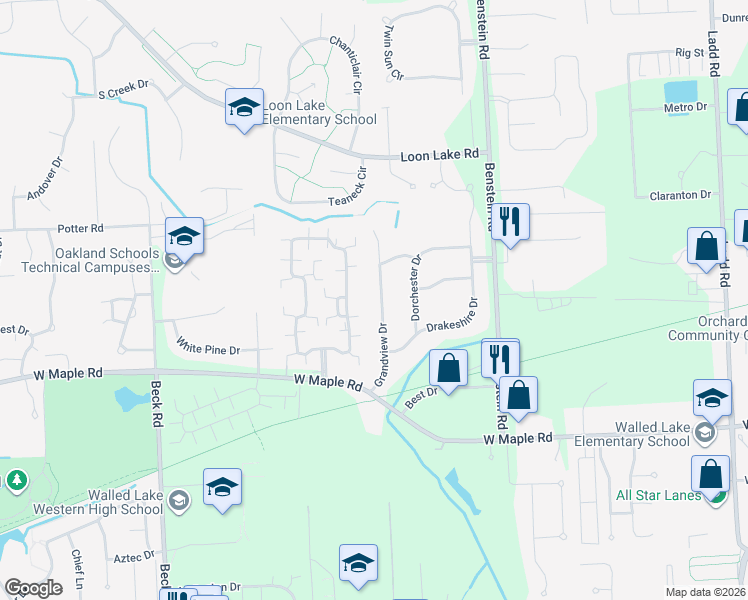 map of restaurants, bars, coffee shops, grocery stores, and more near 955 Grandview Drive in Commerce charter Township