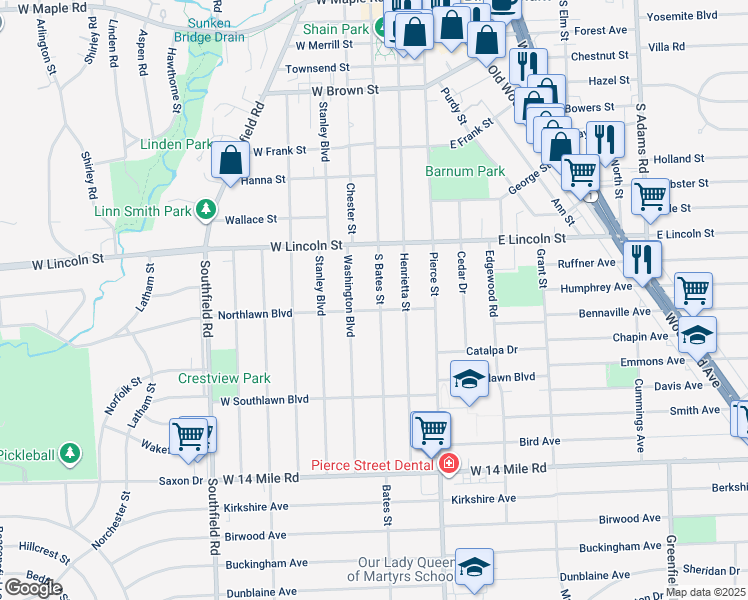 map of restaurants, bars, coffee shops, grocery stores, and more near 1356 South Bates Street in Birmingham