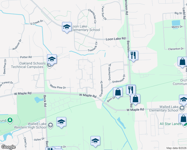 map of restaurants, bars, coffee shops, grocery stores, and more near 955 Grandview Drive in Commerce Charter Township