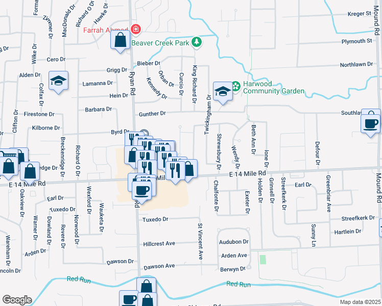 map of restaurants, bars, coffee shops, grocery stores, and more near 33111 Sherwood Forest Drive in Sterling Heights