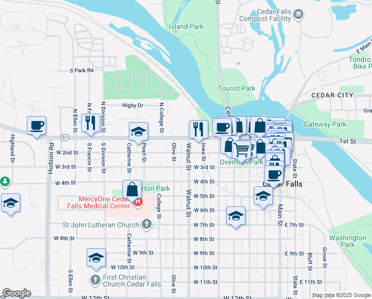 map of restaurants, bars, coffee shops, grocery stores, and more near 121 Walnut Street in Cedar Falls