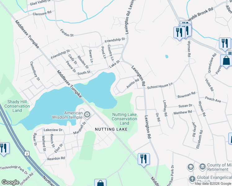 map of restaurants, bars, coffee shops, grocery stores, and more near 16 Austin Road in Billerica