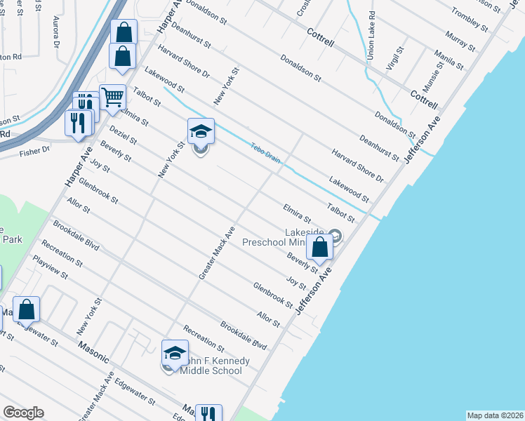 map of restaurants, bars, coffee shops, grocery stores, and more near 23617 Deziel Street in St. Clair Shores