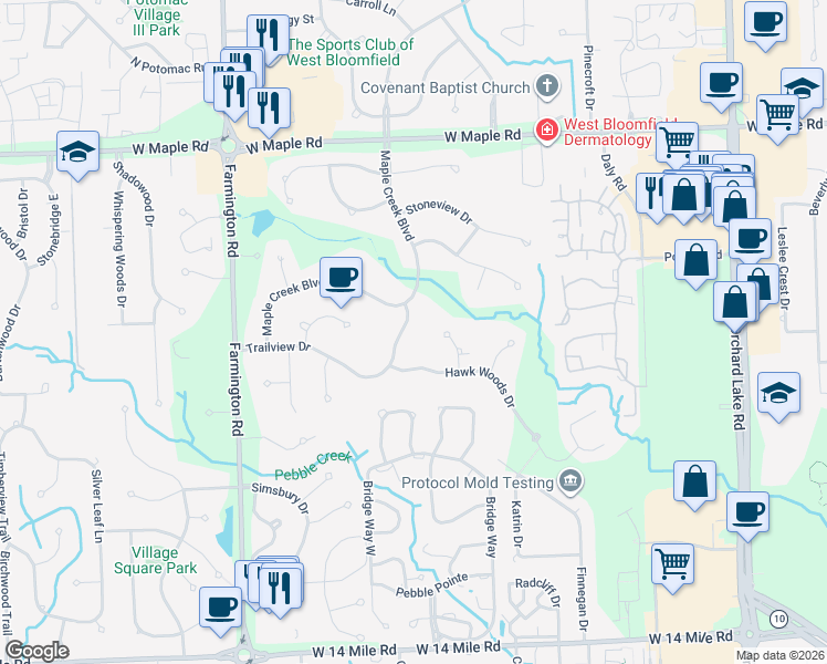 map of restaurants, bars, coffee shops, grocery stores, and more near 4763 Trailview Drive in West Bloomfield Township