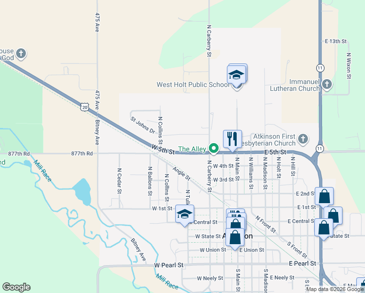 map of restaurants, bars, coffee shops, grocery stores, and more near 406 West 5th Street in Atkinson