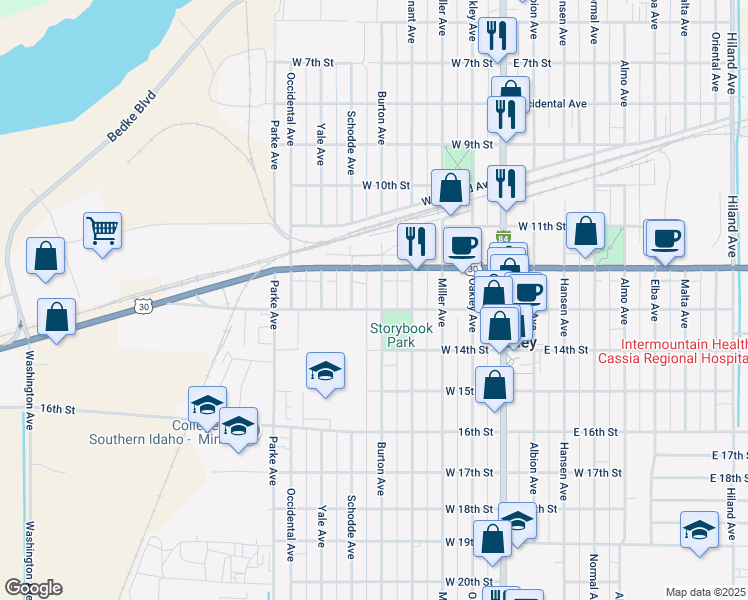 map of restaurants, bars, coffee shops, grocery stores, and more near 1250 Burton Avenue in Burley