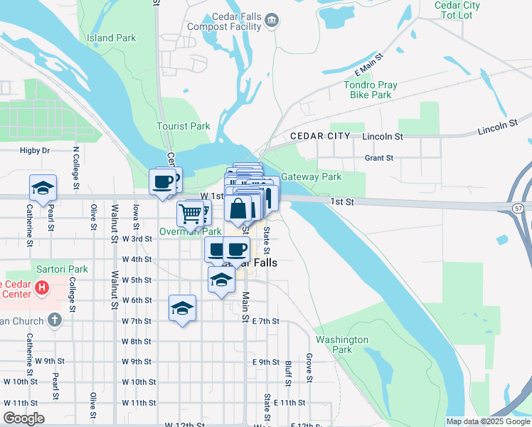map of restaurants, bars, coffee shops, grocery stores, and more near 122 East 2nd Street in Cedar Falls