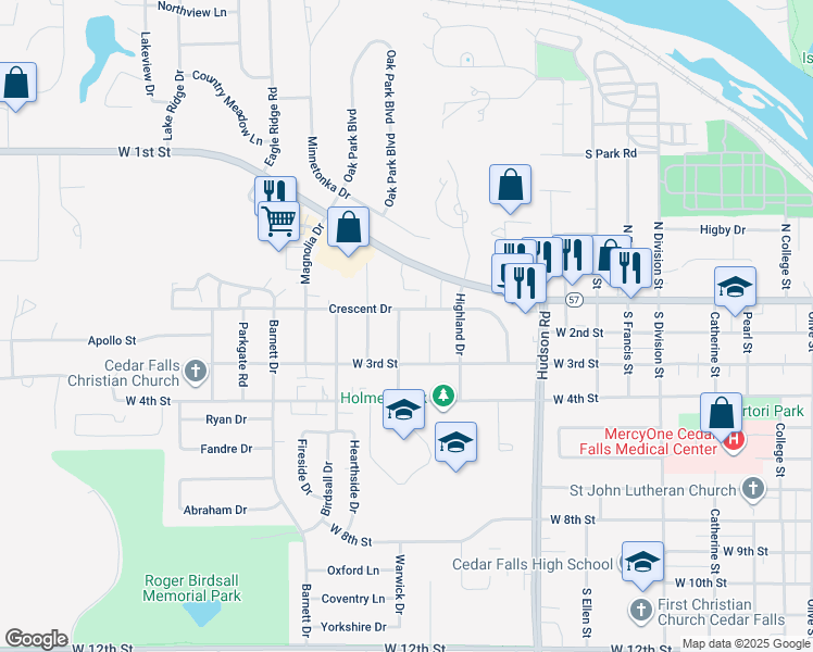 map of restaurants, bars, coffee shops, grocery stores, and more near 118 Angie Drive in Cedar Falls