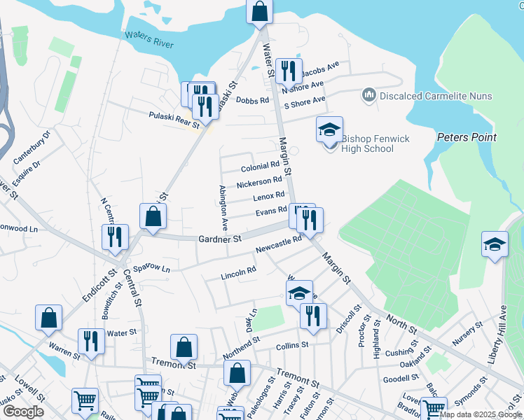 map of restaurants, bars, coffee shops, grocery stores, and more near 17 Evans Road in Peabody