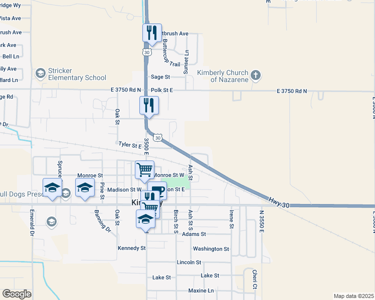 map of restaurants, bars, coffee shops, grocery stores, and more near 242 U.S. Route 30 in Kimberly