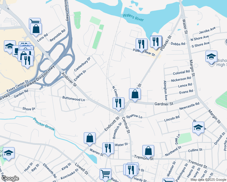 map of restaurants, bars, coffee shops, grocery stores, and more near 30 North Central Street in Peabody