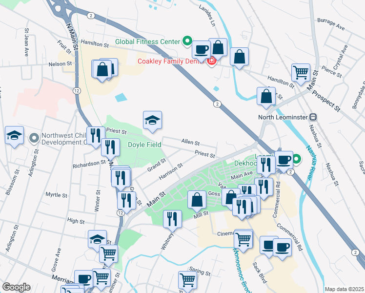 map of restaurants, bars, coffee shops, grocery stores, and more near 87 Priest Street in Leominster