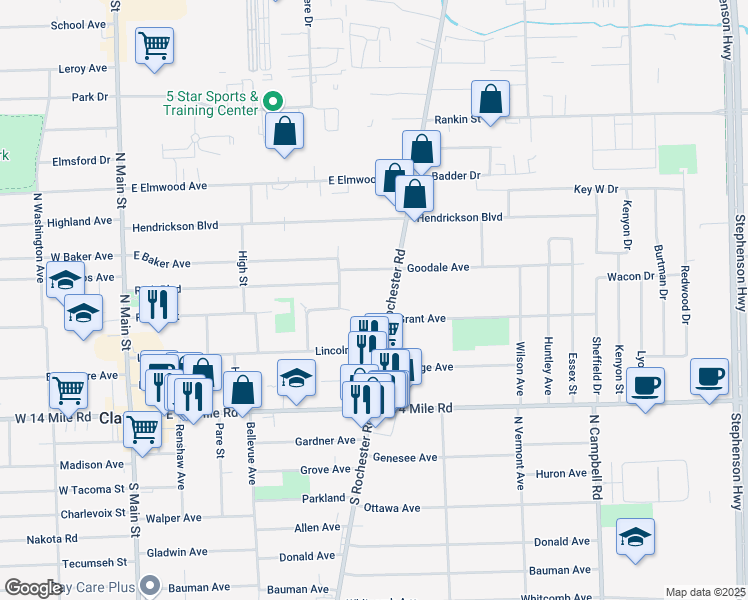 map of restaurants, bars, coffee shops, grocery stores, and more near 447 North Rochester Road in Clawson