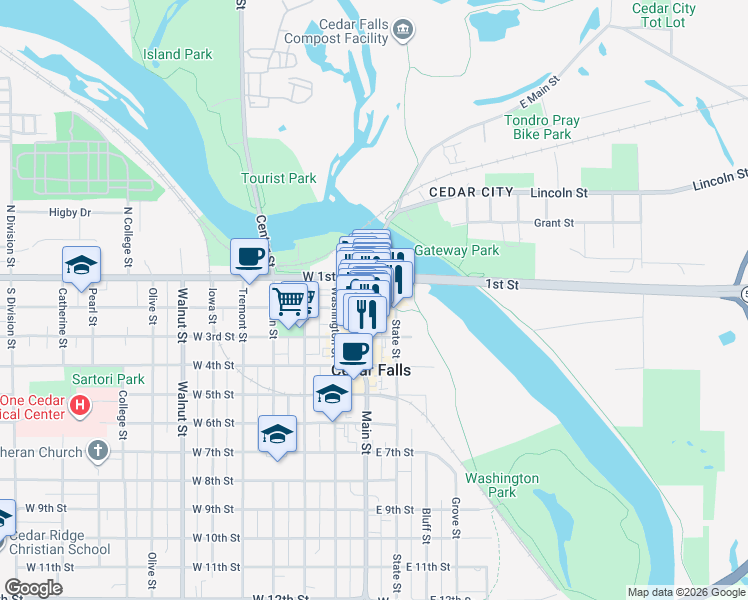 map of restaurants, bars, coffee shops, grocery stores, and more near 122 East 2nd Street in Cedar Falls