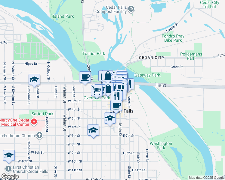 map of restaurants, bars, coffee shops, grocery stores, and more near 122 Washington Street in Cedar Falls