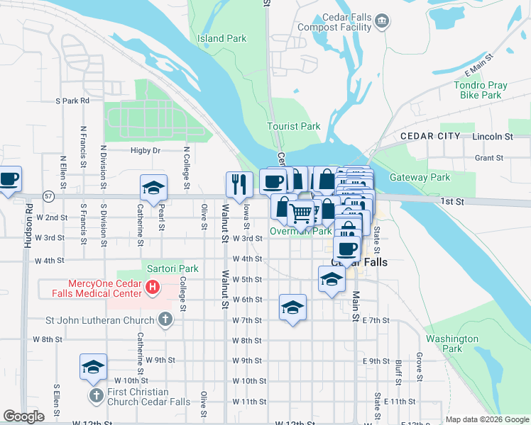 map of restaurants, bars, coffee shops, grocery stores, and more near 501 West 2nd Street in Cedar Falls
