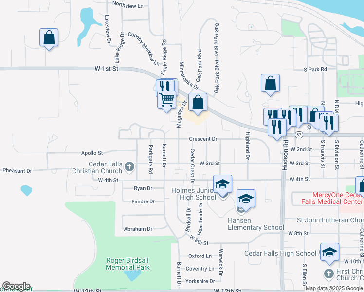 map of restaurants, bars, coffee shops, grocery stores, and more near 119 Magnolia Drive in Cedar Falls