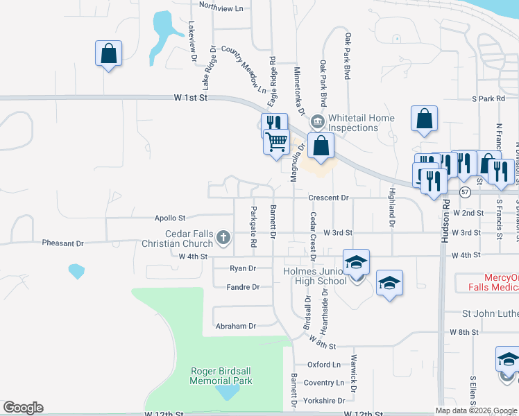 map of restaurants, bars, coffee shops, grocery stores, and more near 125 Barnett Drive in Cedar Falls