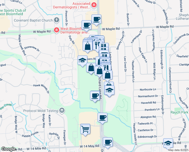 map of restaurants, bars, coffee shops, grocery stores, and more near 6900 Orchard Lake Road in West Bloomfield Township
