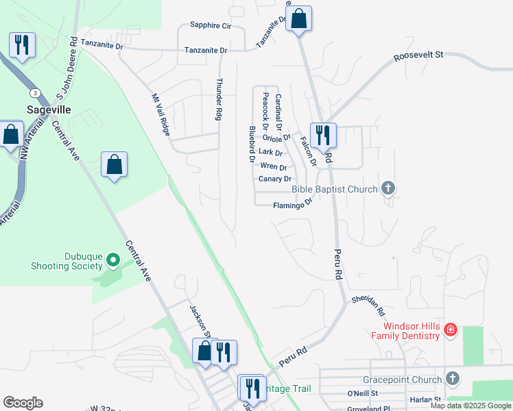 map of restaurants, bars, coffee shops, grocery stores, and more near 4101 Bluebird Drive in Dubuque
