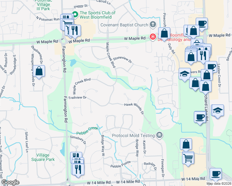 map of restaurants, bars, coffee shops, grocery stores, and more near 4763 Trailview Drive in Oakland County