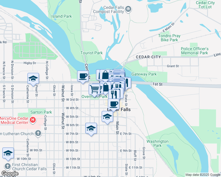 map of restaurants, bars, coffee shops, grocery stores, and more near 122 Washington Street in Cedar Falls