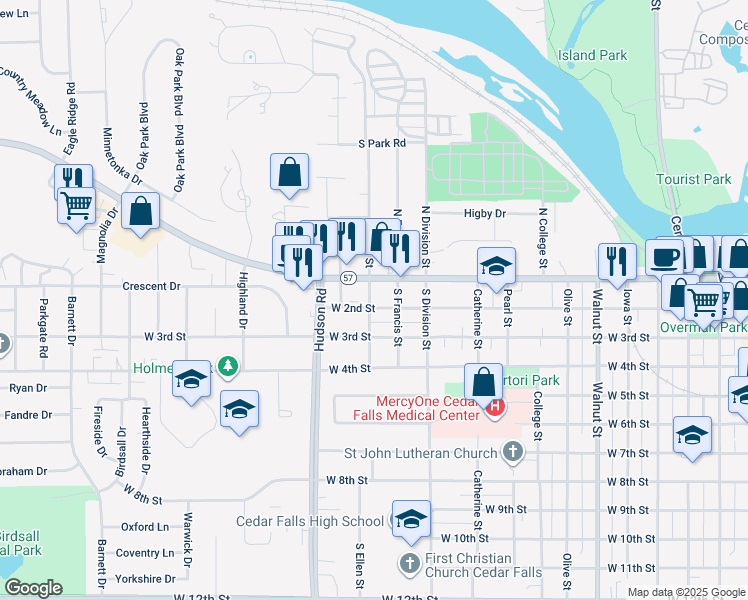 map of restaurants, bars, coffee shops, grocery stores, and more near 1421 West 2nd Street in Cedar Falls