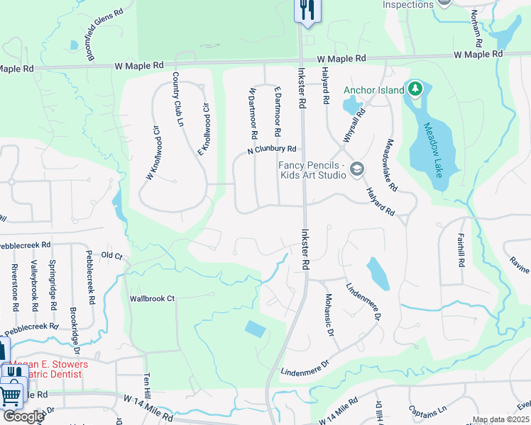map of restaurants, bars, coffee shops, grocery stores, and more near 4995 South Clunbury Road in West Bloomfield Township