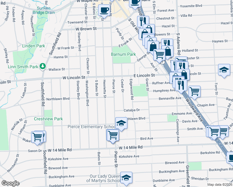 map of restaurants, bars, coffee shops, grocery stores, and more near 1355 Pierce Street in Birmingham