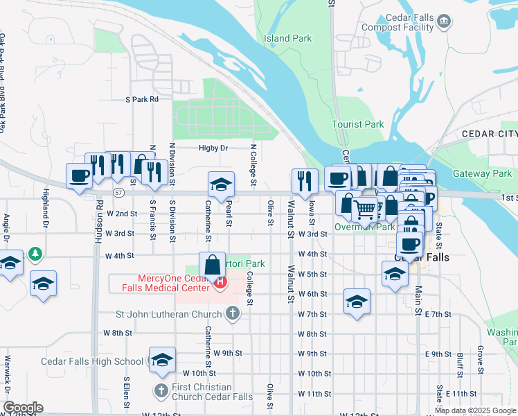 map of restaurants, bars, coffee shops, grocery stores, and more near 813 West 2nd Street in Cedar Falls